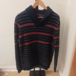 Nautica Men's V-Neck Sweater in Navy and Red Cottonblend New XL